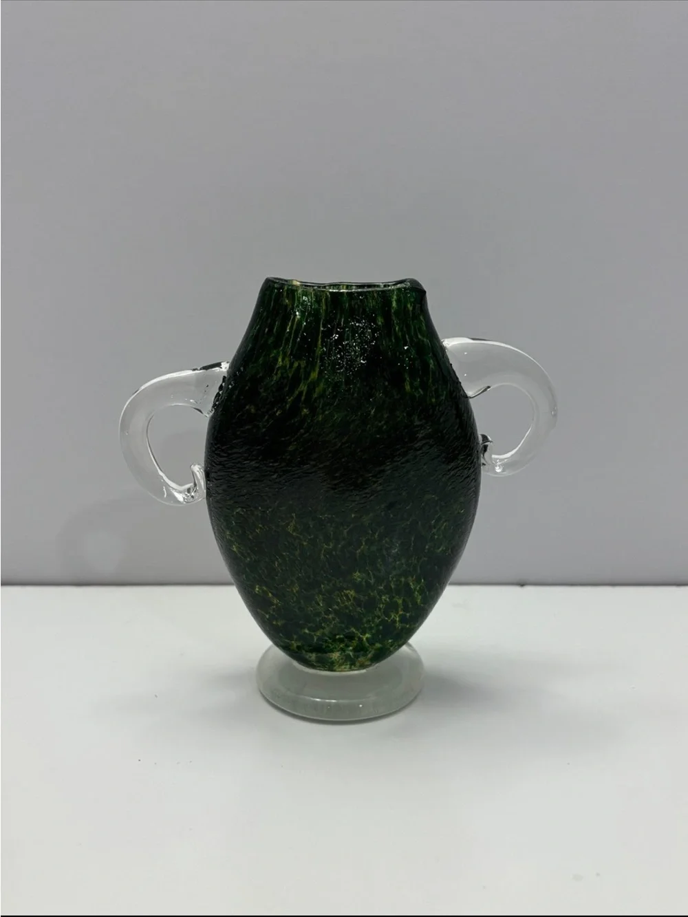 vintage glass vase from Osaka features a dark green, speckled design